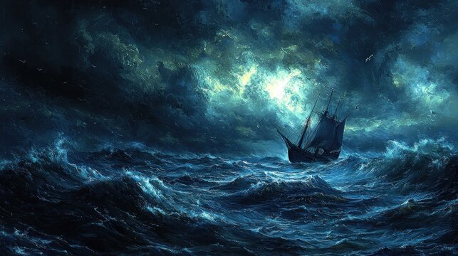 Stormy seas engulfing a solitary vessel.