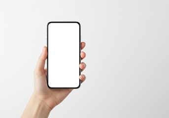 Photo Woman Hand Holding Smartphone Blank Screen White Background