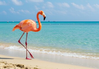 Fototapeta premium Photo of Flamingo Wading on a Tropical Beach