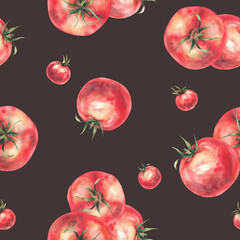 Big red tomatoes and cherry tomato variations watercolor seamless pattern. Realistic painted illustration. Whole ripe fruit with green stalk for fabric, food label on Isolated dark coloured background