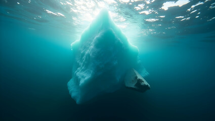 Naklejka premium Underwater Iceberg Melting, A Vibrant Blue-Green Scene Showcasing the Fragility of Polar Ice in a Time-Lapse Depiction of Environmental Change and Global Warming