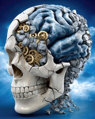 Surreal Concept of Human Skull with Gears and Cracked Brain Representing Intelligence and Creativity in a Fantasy World