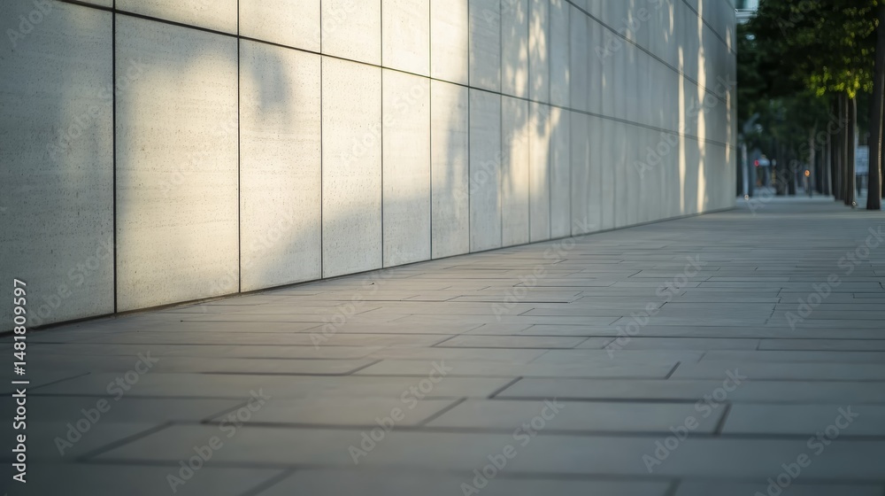 Aufkleber a sleek concrete wall runs beside a quiet urban street, with sunlight filtering through trees, creat