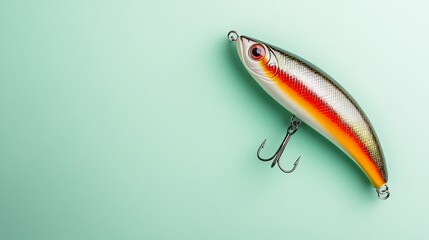 A brightly colored fishing lure rests on a smooth, light green background.