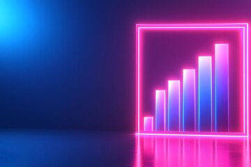 A bar graph with glowing neon lines, 3D render, minimalistic, white background, blue and purple gradients