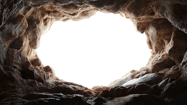 A large open cave with a high ceiling and smooth rough ground on a transparent background. PNG