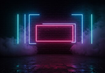 Abstract Background 3D Illustration Neon Lights on Brick Wall