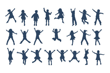 Children Jumping Silhouettes, Energetic Kids Poses, Playful Children Silhouette, Joyful Movement Figures, Dynamic Kids Silhouettes Clipart Vector Illustration.