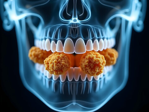 Vibrant X-Ray Visualization, A Detailed View of a Human Mouth with Potential Oral Concerns for Medical Illustration and Educational Purposes in Dental Health