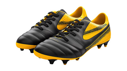Stylish yellow and black soccer shoes on transparent background. PNG