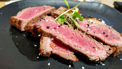 Daging steak berkualitas premium dengan taburan bumbu merica dan garam.sliced beef steak on black plate