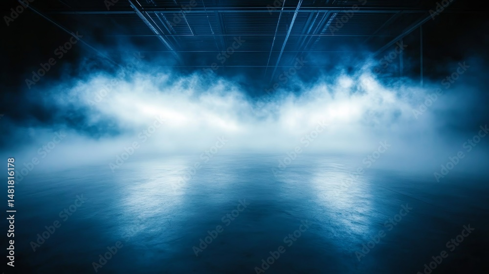 Poster Thick, ethereal mist billows across a dark floor, illuminated by beams of white and blue light, creating a mysterious and atmospheric setting for fantasy themes