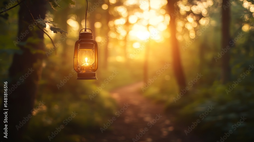 Poster a flickering lantern hangs from a branch, illuminating a narrow dirt path through a dense, shadowy f