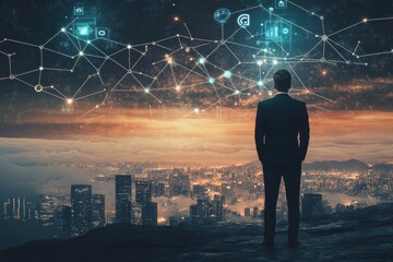 Businessman contemplating futuristic cityscape and interconnected data network