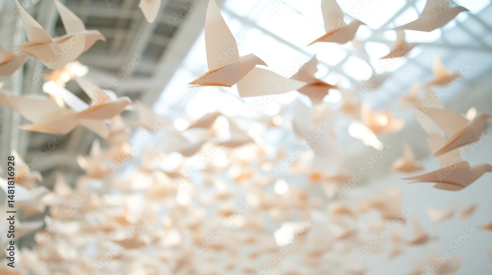 Aufkleber Delicate translucent paper birds appear to float effortlessly in the air, casting soft shadows on the white walls as natural light enhances their graceful movement