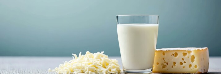 Fresh milk in glass with cheese varieties on bright background