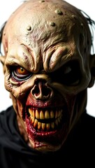 Scary mask with yellow teeth and wrinkled skin on white background.