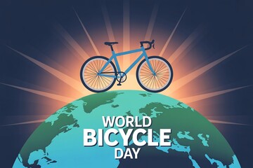 Blue bicycle on top of the world globe with sun rays for world bicycle day celebration graphic