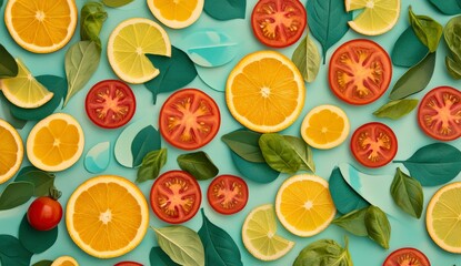 Vibrant overhead flatlay featuring sliced oranges, lemons, limes, tomatoes and basil leaves arranged on a teal background. Bright, colorful, and healthy food photography.