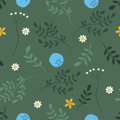 vector seamless pattern summer with plants, flowers and blueberries