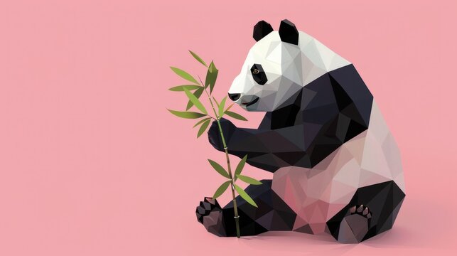 Low-poly panda eating bamboo