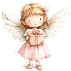 Fototapeta premium Cute angel girl holding a gift