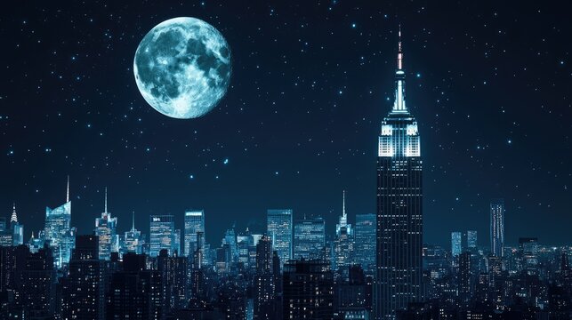 Moonlit Manhattan Skyline Sparkles With City Lights Against A Starry, Deep Blue Night Sky.
