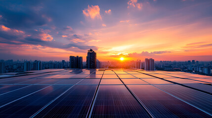 Solar panels on the roof of a modern urban residential area, glowing under the warm hues of a sunset sky ai generative