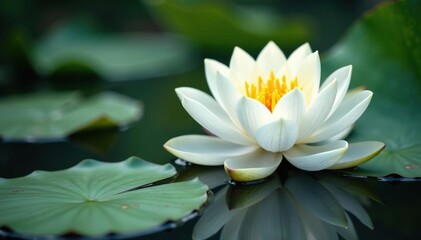 Pure white lotus blossom, serene water reflection, light, isolated