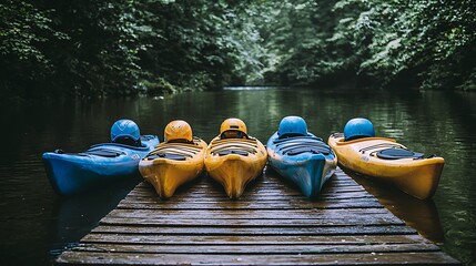 Kayaking adventure serene lake outdoor activity lush forest close-up view water sports experience