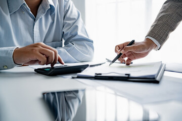 Business team Analysis Business Accounting working with Individual income tax return Accounting concept