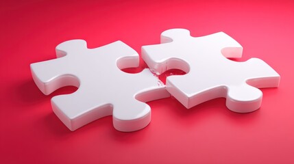 Two white puzzle pieces nearly joined, yet separated, on a vibrant red background