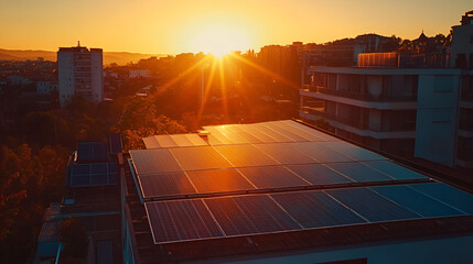Solar panels on the roof of a modern urban residential area, glowing under the warm hues of a sunset sky ai generative