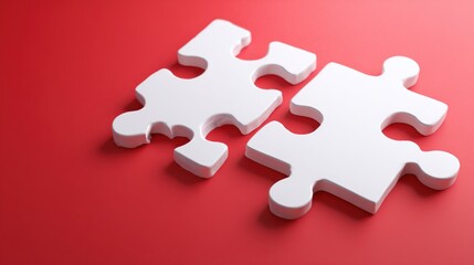 Obraz premium Two white puzzle pieces almost joined, resting on a vibrant red surface