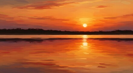 Fototapeta premium Sunset Painting Reflecting Over Still Water with Orange Sky