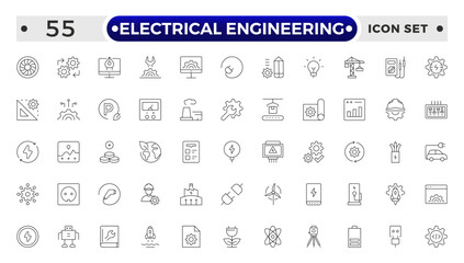 Electrical Engineering outline Icons set. Vector illustration in modern thin line style of technologies related icons: blueprint, engineer, manufacturing, and more.