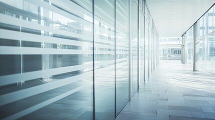 Modern Office Corridor with Glass Walls and Subtle Blur