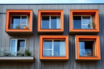 Fototapeta premium Modern apartment building facade with bright orange framed windows