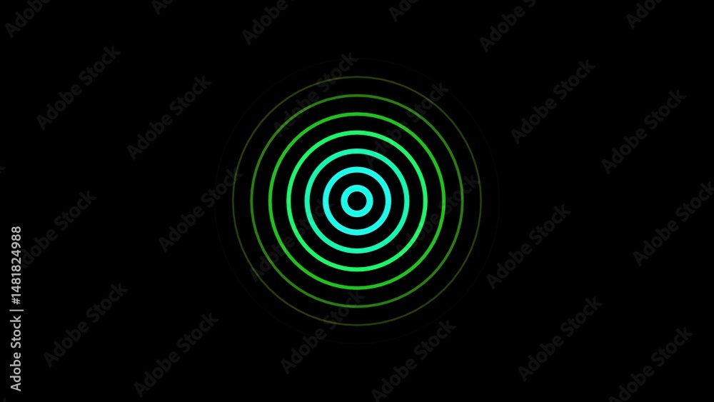 Poster abstract concentric circles animation with vibrant green to cyan color gradient effect on a black ba