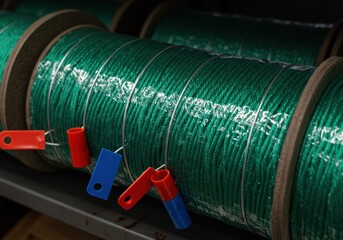 Industrial Green Nylon Rope Spools Securely Wrapped and Sealed, Ready for Distribution. High-quality material for various uses.