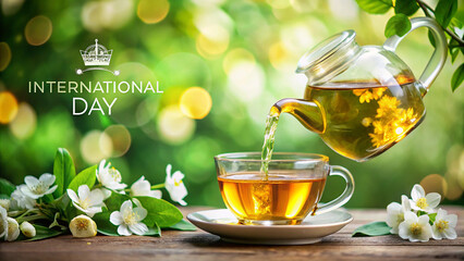 Plate of fresh dates with traditional tea setting for international tea day concept