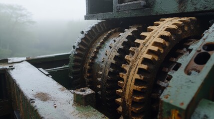 Industrial gears in a foggy setting: close up on lubricated metal cogwheels mechanical parts engineering marvels against soft blurry background offering powerful visual metaphors 