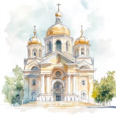 Watercolor illustration of a large, ornate cathedral