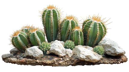 Sharp green cactus surrounded by barren desert rocks, isolated on transparent background. PNG