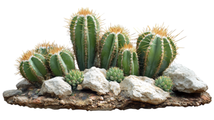 Sharp green cactus surrounded by barren desert rocks, isolated on transparent background. PNG