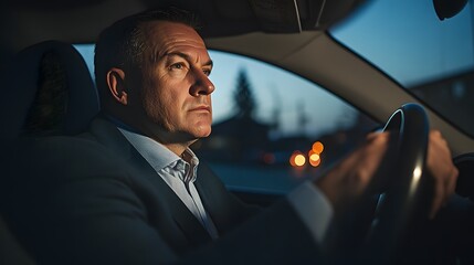 Focused mature man driving car at night.