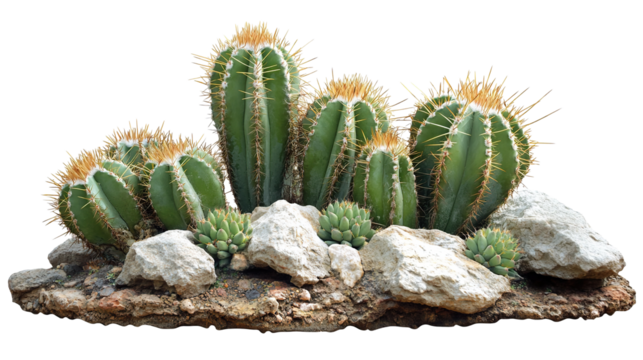 Sharp green cactus surrounded by barren desert rocks, isolated on transparent background. PNG