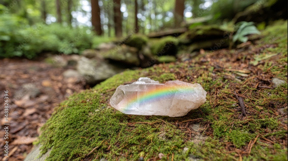 Aufkleber A beautiful clear quartz crystal lies on soft green moss in the forest, its facets sparkling in the sunlight, creating tiny rainbows that enhance the natural scenery