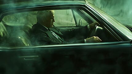 A weathered man sits slumped in a dusty vehicle.