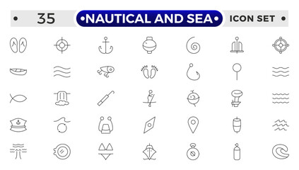 Nautical and sea web icons in outline style. thin line icons such as wind rose, oars, suroard, marine, double bait, buoy, submarine facing right, caravel, Smeaton's tower, old galleon.